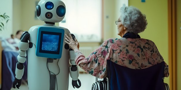 Auf einem Flur sieht man eine alte Frau von hinten, die in einem Rollstuhl sitzt. Ihr begegnet ein weißer Roboter.